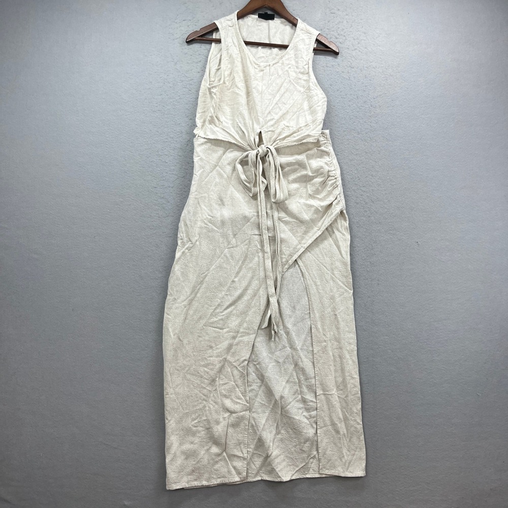 VICI Two Piece Set Women Large Beige Linen Bamboo Tie Front Crop Maxi Skirt Boho